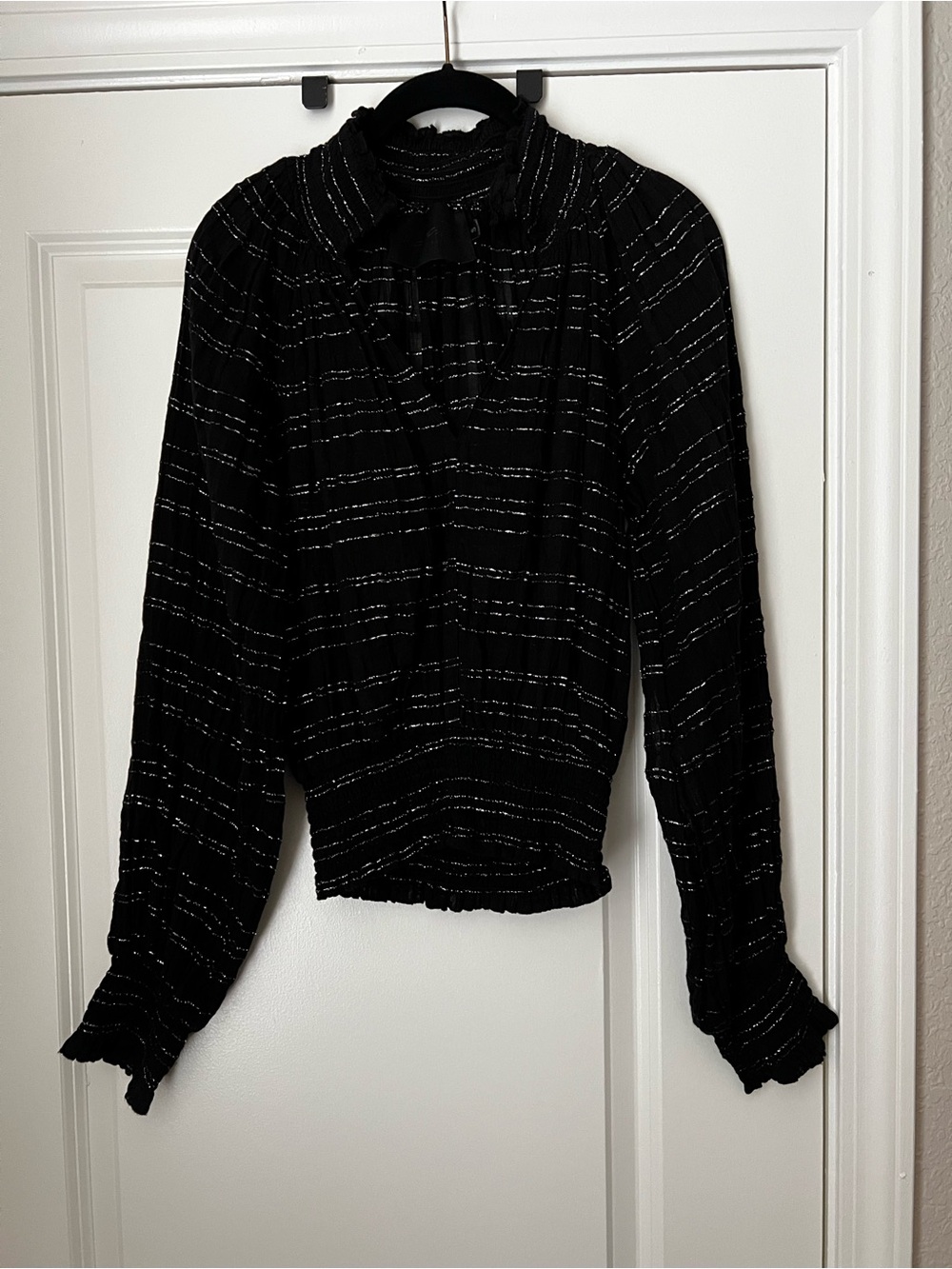 Black Metallic Thread Long-Sleeve Smocked Top